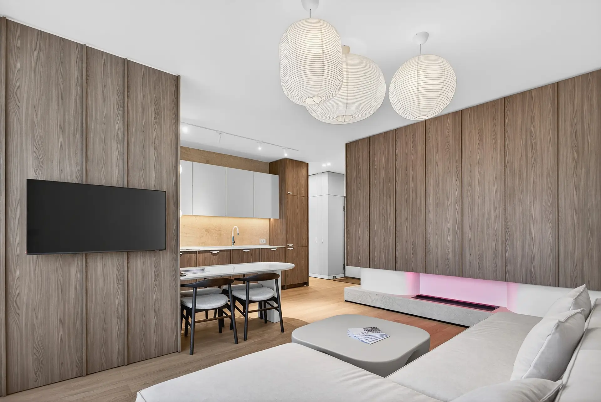 Interior Bravy Apartments — Amenajare propusă pentru conturarea unui spațiu echilibrat, unde funcționalitatea și estetica se completează natural, sugerând un stil de viață coerent și bine definit.