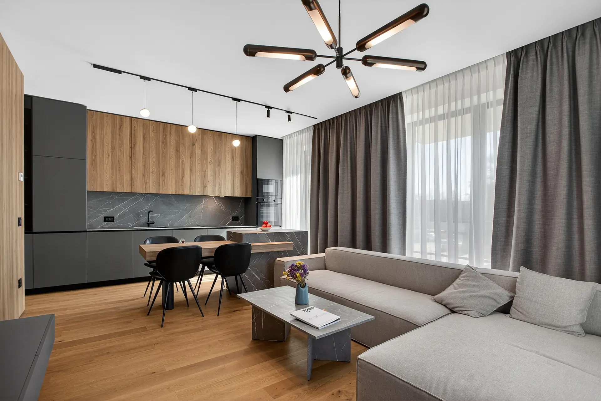 Interior Bravy Apartments — Amenajare propusă pentru conturarea unui spațiu echilibrat, unde funcționalitatea și estetica se completează natural, sugerând un stil de viață coerent și bine definit.