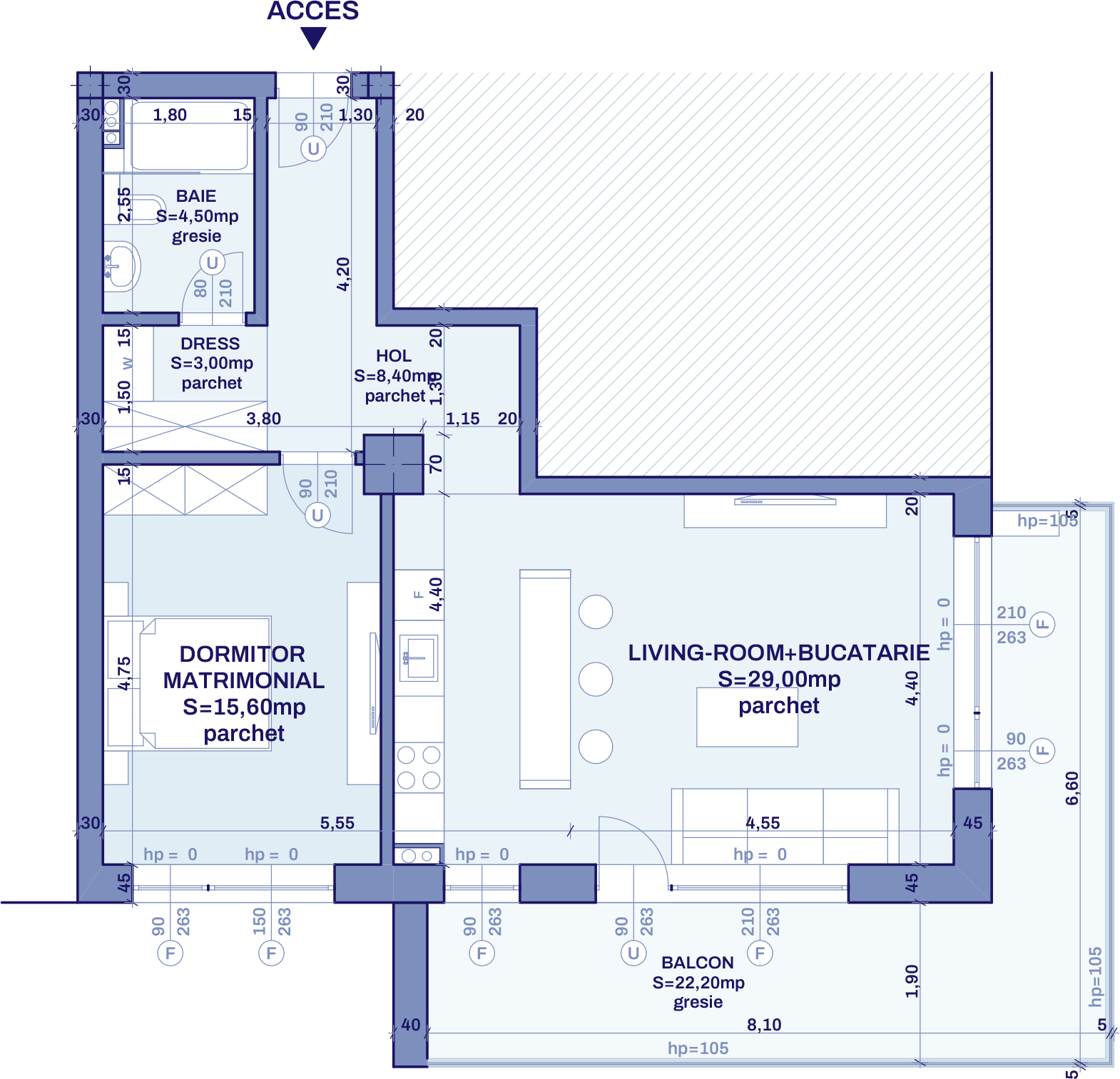 Plan apartament A90 - 2 camere, Bravy Apartments